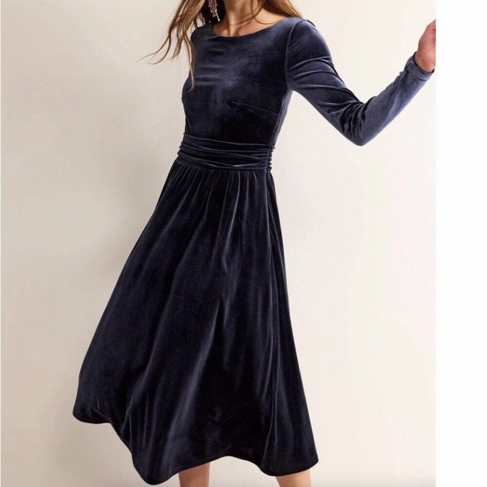 BODEN Lois Velvet Midi Dress Navy Blue US 4R UK 8R Long Sleeve Unlined Stretchy